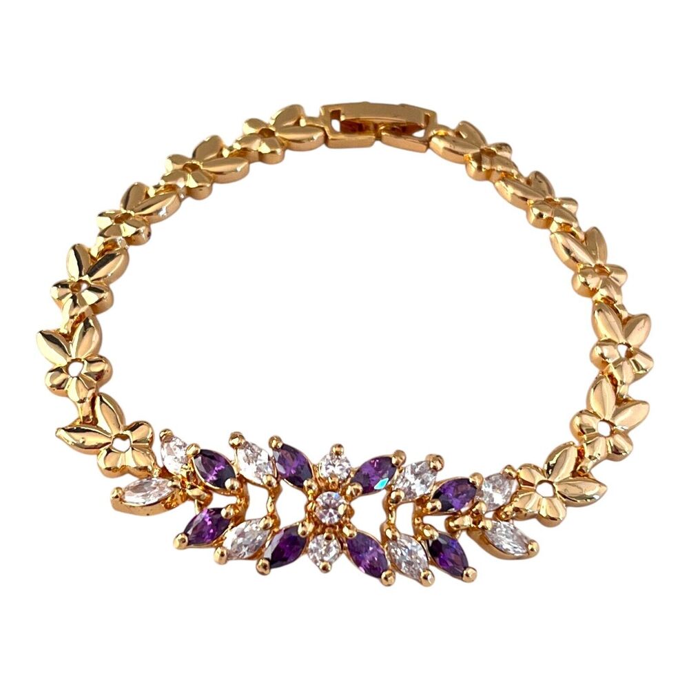 Vintage 1990s Floral Bracelet Clear and Purple Cubic Zirconia Gold Tone - 10I